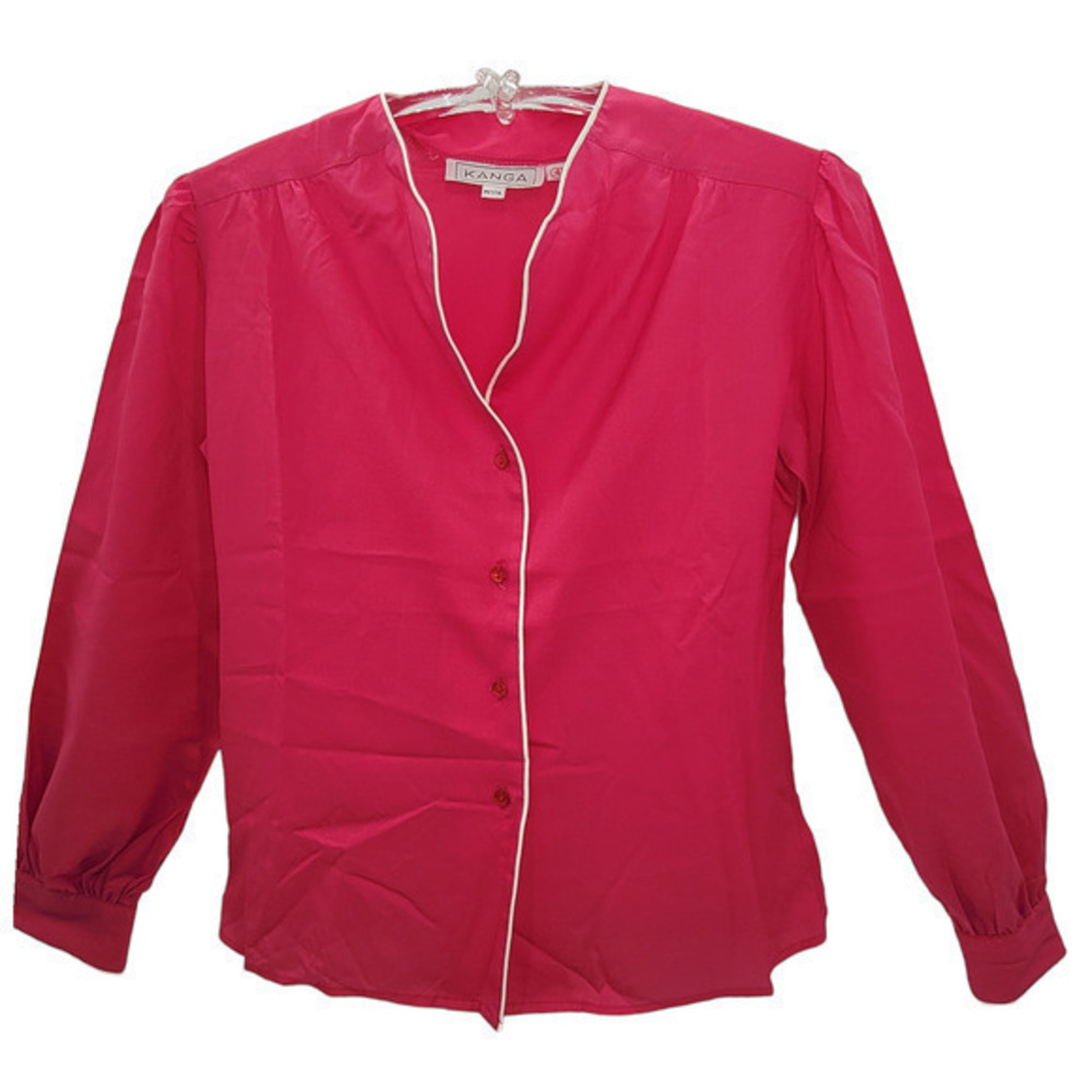Kanga Pink White Barbiecore High Neck long Sleeve Button‎ Up Vintage Blouse Top